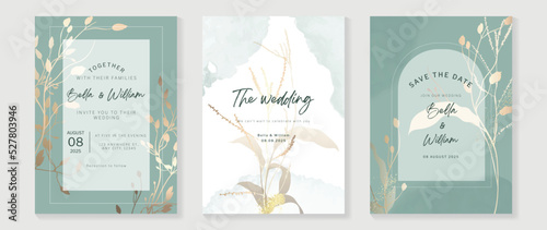 Luxury botanical wedding invitation card template. Minimal watercolor card with flowers, wildflowers, foliage, wild grass. Elegant blossom vector design suitable for banner, cover, invitation.