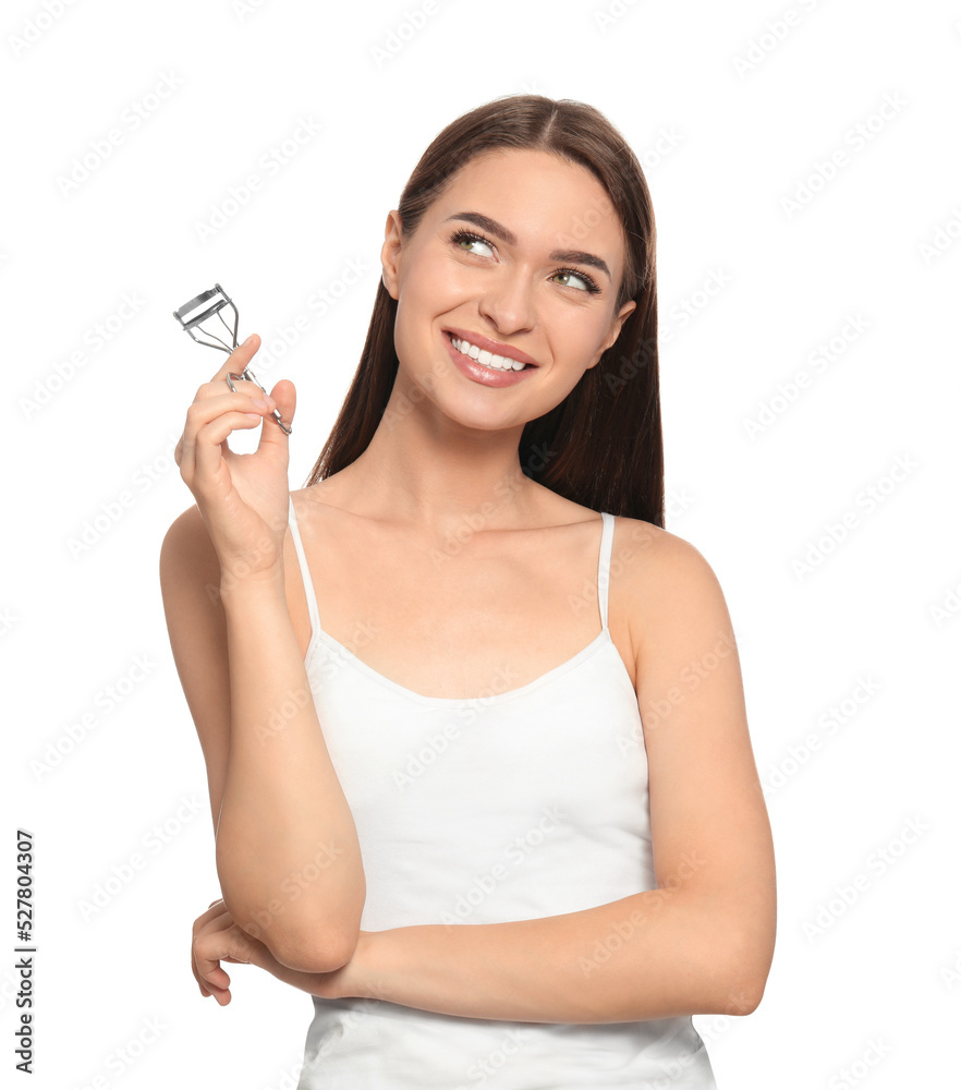 Woman with eyelash curler on white background Woman with eyelash curler on white background