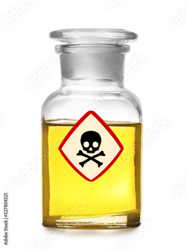 Glass bottle with yellow toxic sample and warning sign on white background