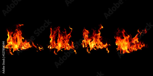 Red heat energy fire, 4 pictures of the burning bonfire background image on a black background, close-up
