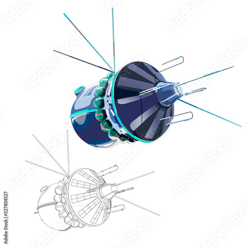 Vector illustration card with spaceship satellite and coloring. Space history program, human exploration of near space. Picture with 3d model flying spaceship. Isolated