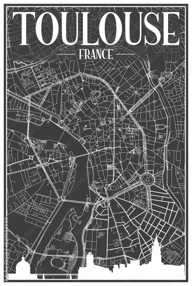 Dark printout city poster with panoramic skyline and hand-drawn streets network on dark gray background of the downtown TOULOUSE, FRANCE