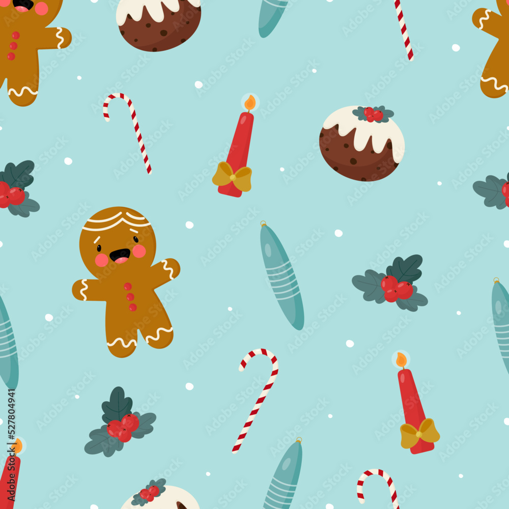 Naklejka premium Christmas seamless pattern. Vector illustration. For card, posters, banners, printing on the pack, printing on clothes, fabric, wallpaper. 