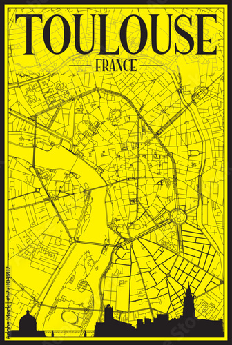Golden printout city poster with panoramic skyline and hand-drawn streets network on yellow and black background of the downtown TOULOUSE, FRANCE