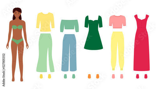 Dark skin paper doll with fashion clothes for different events, vector illustration