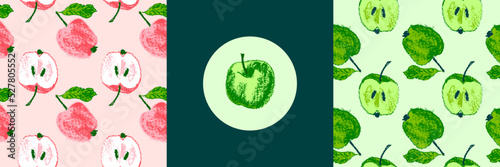 Multicolor apple background. Vector apples seamless pattern with fruit hand drawn pencil illustration for vegan banner, juice, baby food packaging, jam label design. Color fruits backdrop. Cider badge