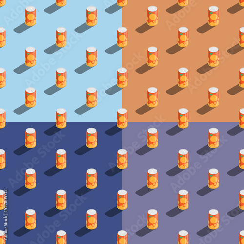 Set of seamless patterns with isometric aluminum can with orange drink. Ornament for decoration and printing on fabric. Design element. Vector
