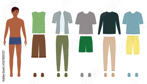 Foto Dark skin paper doll man with clothes for different events, vector illustration