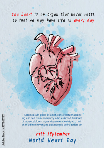 Hand draw and one line style in a Human heart shape with the name of event lettering, example texts on blue background. Poster's campaign of World heart day in watercolors style and vector design.