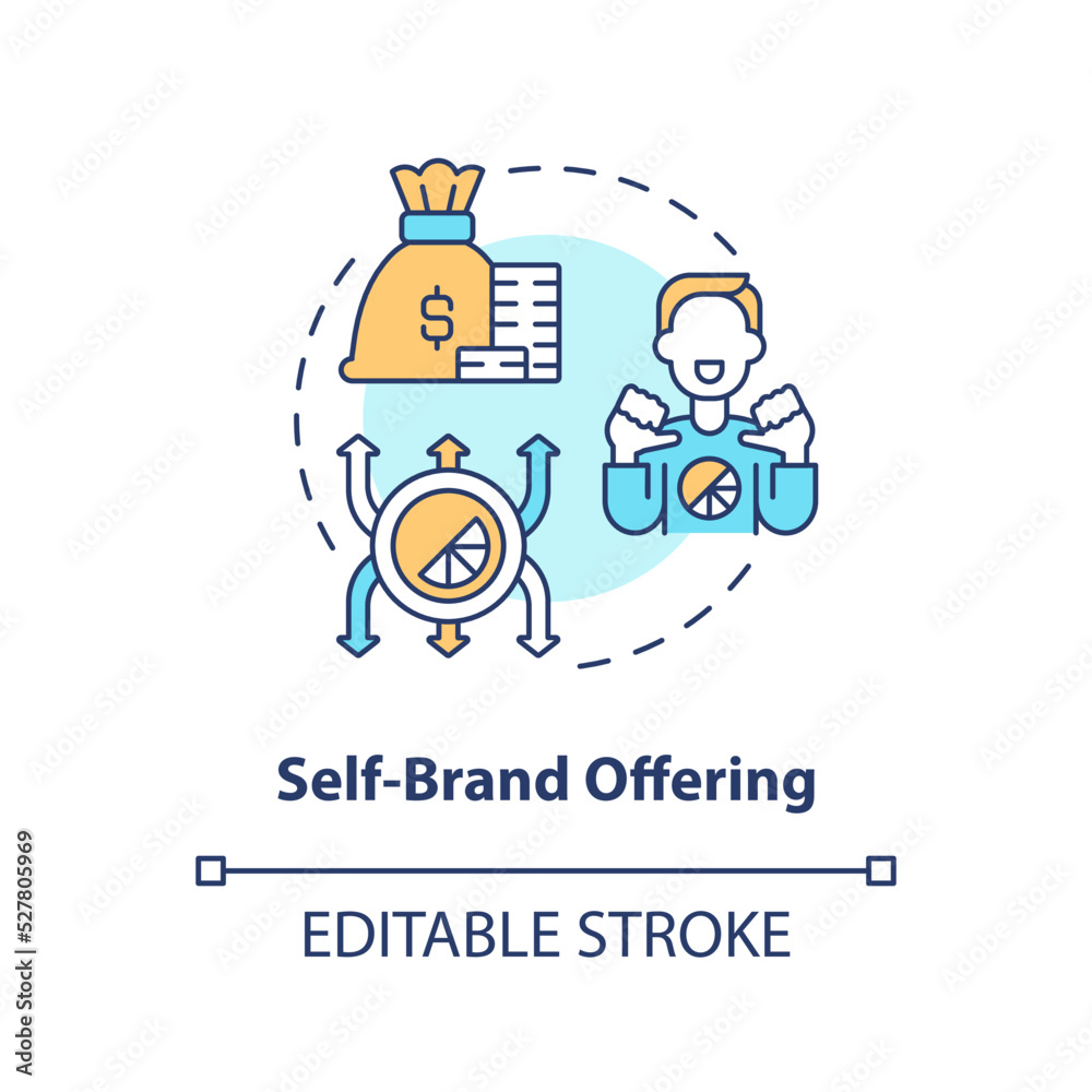 Self brand offering concept icon. Launch sustainable startup. Creator business model abstract idea thin line illustration. Isolated outline drawing. Editable stroke. Arial, Myriad Pro-Bold fonts used