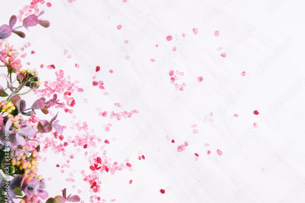 Abstract spa background with herbs, flowers, sea salt and marble. Backdrops for advertisement