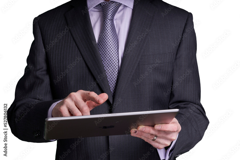 A cutout of a businessman holding and operating a touch screen device. A design element for use with composite imagery A cutout of a businessman holding and operating a touch screen device. A design element for use with composite imagery
