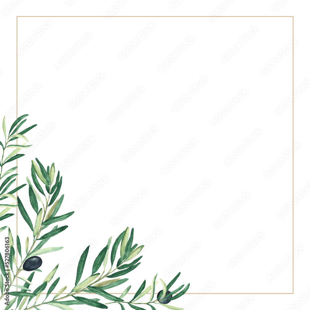 Olive golden frame. Black olive branches. Hand drawn watercolor botanical illustration isolated on white background. Can be used for cards, logos and food design.