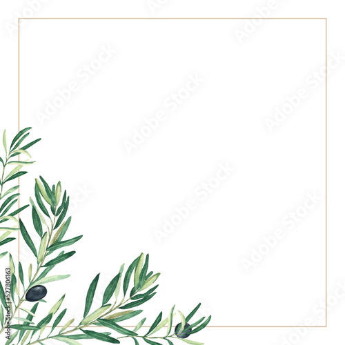 Olive golden frame. Black olive branches. Hand drawn watercolor botanical illustration isolated on white background. Can be used for cards, logos and food design.