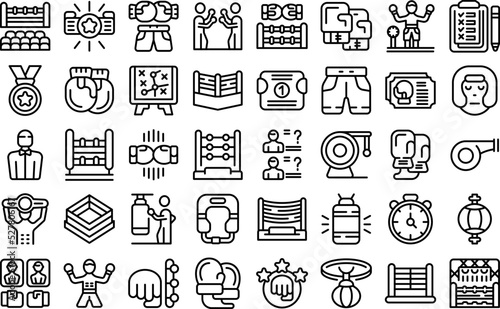 Boxing tournament icons set outline vector. Battle academy. Agression champion
