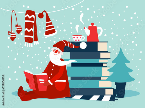 Cute winter holiday illustration with funny Santa Claus reads a book. Christmas and Happy Holidays vector card