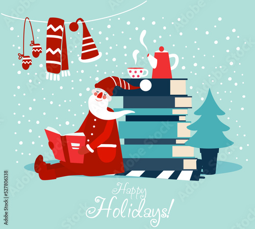 Cute winter holiday illustration with funny Santa Claus reads a book. Christmas and Happy Holidays vector card