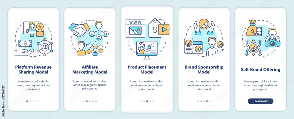 Creator business models onboarding mobile app screen. Marketing walkthrough 5 steps editable graphic instructions with linear concepts. UI, UX, GUI template. Myriad Pro-Bold, Regular fonts used