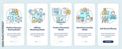 Creator business models onboarding mobile app screen. Marketing walkthrough 5 steps editable graphic instructions with linear concepts. UI, UX, GUI template. Myriad Pro-Bold, Regular fonts used