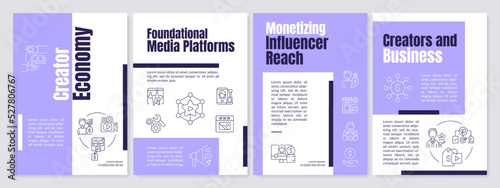 Creator economy history purple brochure template. Content making. Leaflet design with linear icons. Editable 4 vector layouts for presentation, annual reports. Anton, Lato-Regular fonts used