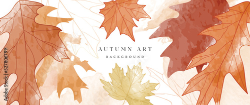 Autumn foliage in watercolor vector background. Abstract wallpaper with maple leaves, line art, leaf, plant. Hand drawn botanical in fall season illustration suitable for fabric, prints, cover.