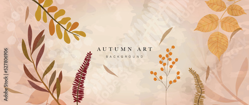 Autumn foliage in watercolor vector background. Abstract wallpaper with leaf branch, line art, fern, berry, flower. Hand drawn botanical in fall season illustration for fabric, prints, cover, banner.