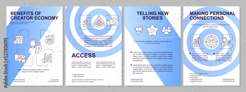 Benefits of creator economy blue gradient template. Marketing. Leaflet design with linear icons. 4 vector layouts for presentation, annual reports. Arial-Black, Myriad Pro-Regular fonts used