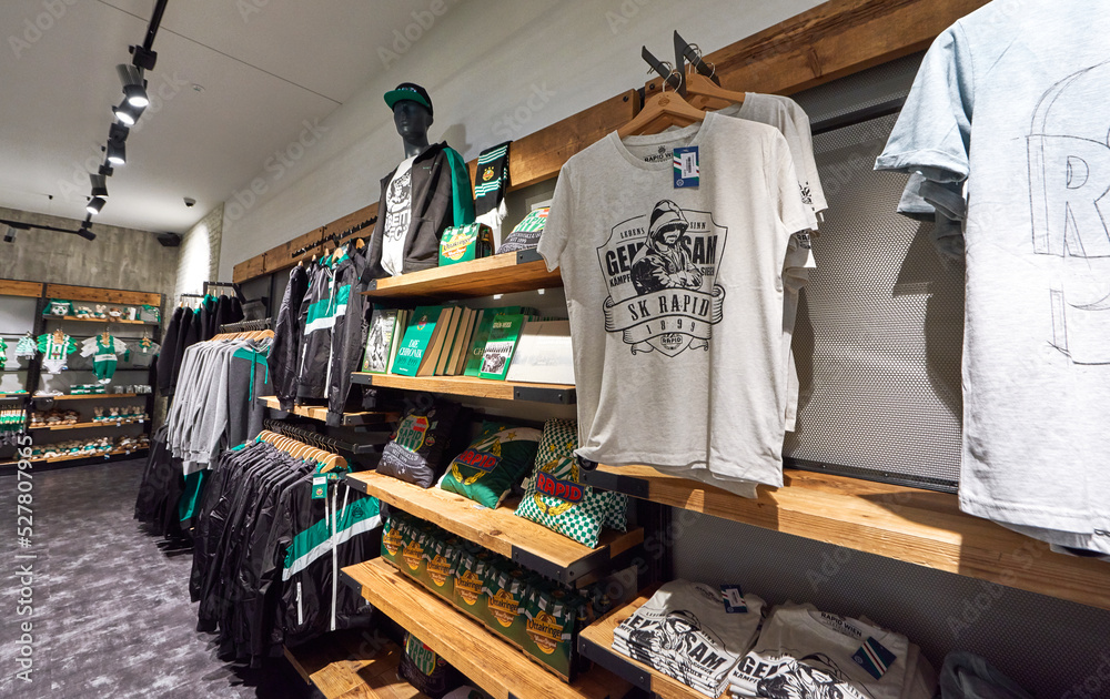 Choice of souvenirs in the fan shop of Allianz Stadion - official arena of  FC Rapid. Vienna, Austria Stock Photo | Adobe Stock
