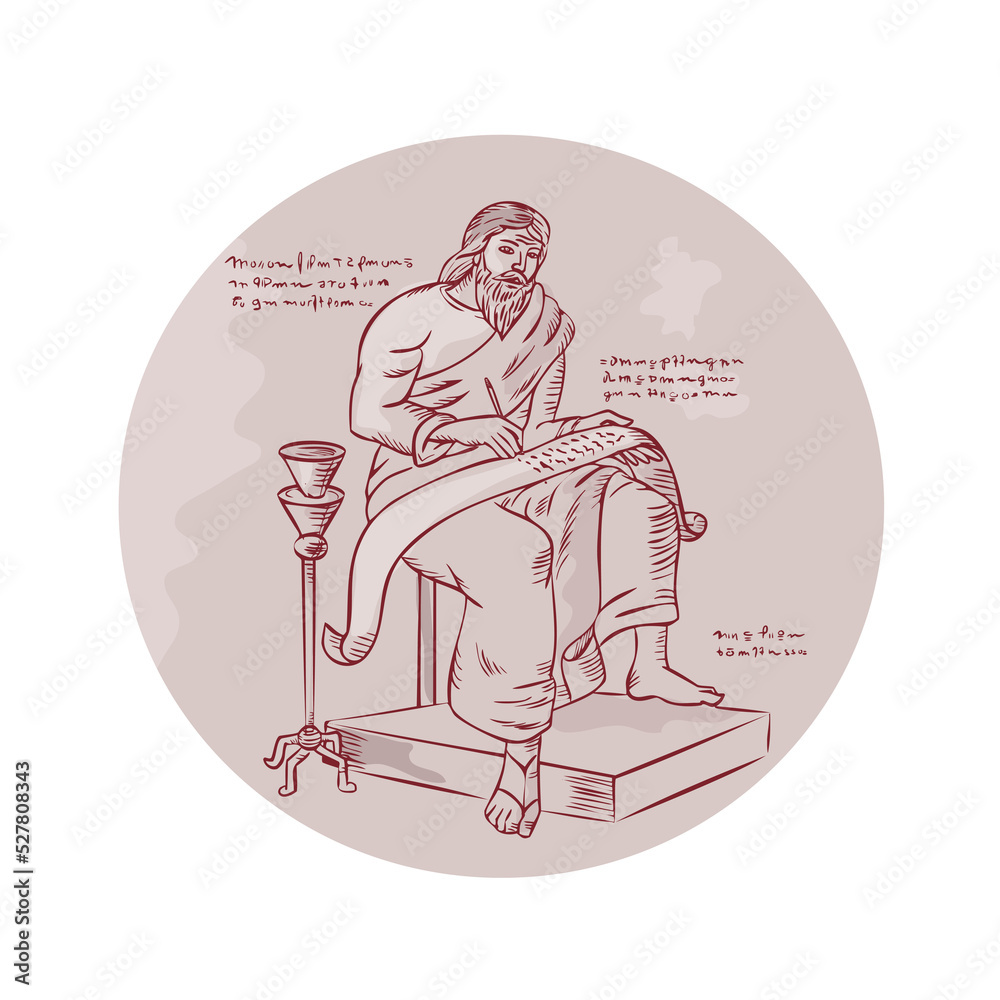 Naklejka premium Evangelist Writing Scroll Etching