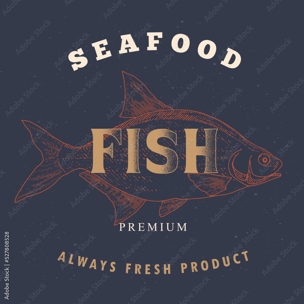 Fototapeta premium Fish label in the style of an old worn engraving