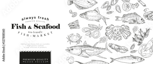Vintage fish market cover design. A frame for advertising a fish products store.