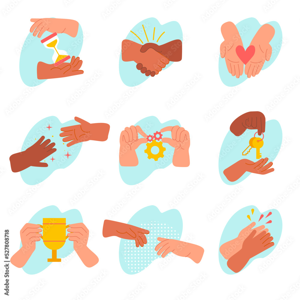 A set of hand gestures of the character. Hands reaching out to each other, helping hands, hands holding the cup, hourglass, giving keys, handshake, applause, heart in the palms. A set of hand gestures of the character. Hands reaching out to each other, helping hands, hands holding the cup, hourglass, giving keys, handshake, applause, heart in the palms.