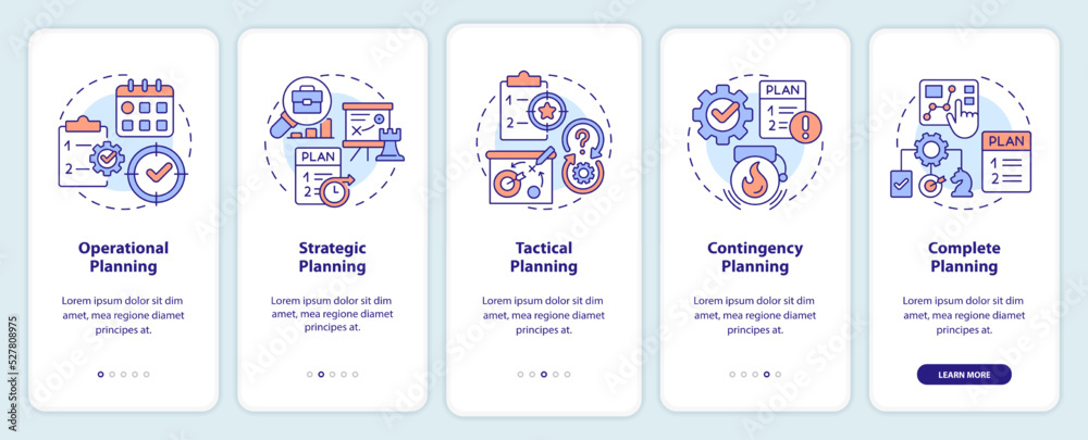 Types of plans onboarding mobile app screen. Business development walkthrough 5 steps editable graphic instructions with linear concepts. UI, UX, GUI template. Myriad Pro-Bold, Regular fonts used