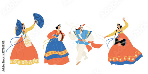 People dance and play musical instruments in traditional Korean clothes.