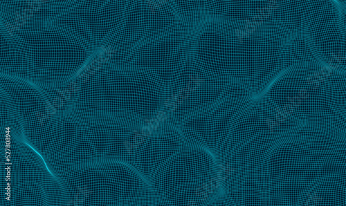 Vector wave net of squares. Wavy grid distortion. 3D illustration of mesh grid futuristic background. Blueprint style technology background.