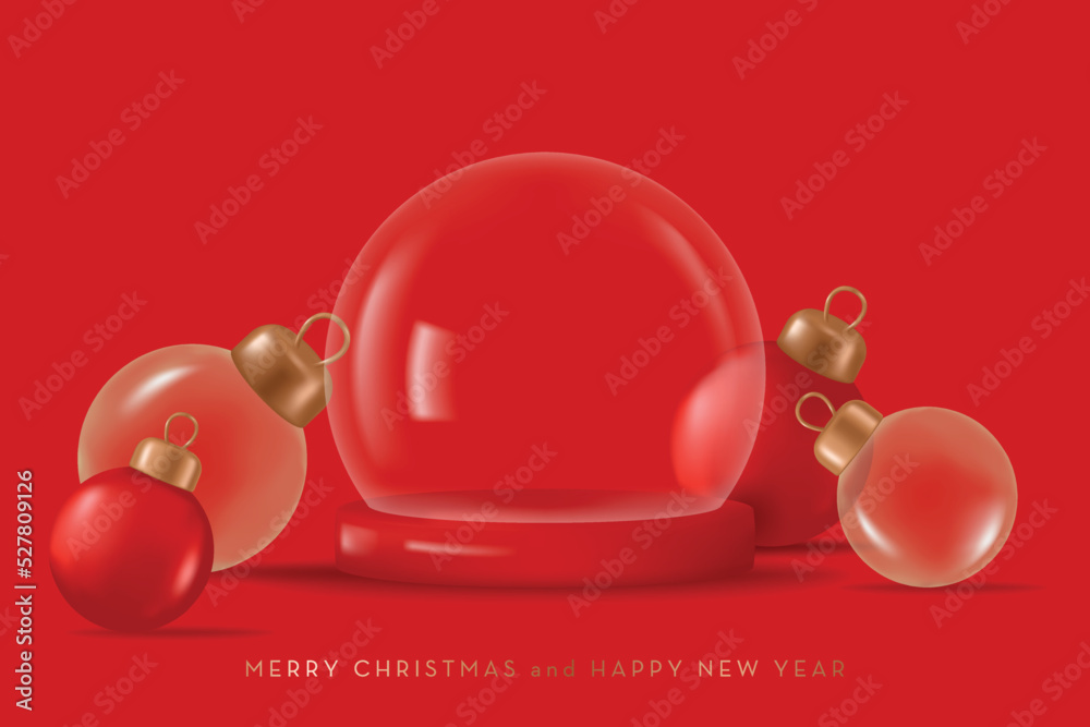 Christmas Glass snow globe. Podium under a transparent glass dome decorated with glass balls. 3D realistic vector