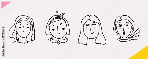 Set of different facial expressions female character. Outline, cartoon illustration in vector. Girls avatars.