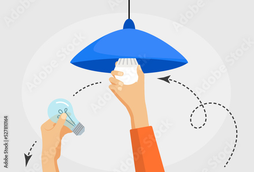Human hand changing ordinary light bulb to power save LED lamp, vector illustration