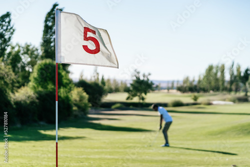 Unrecognizable athlete playing golf in countryside field photo