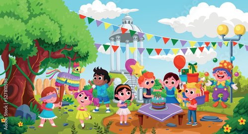 cartoon illustration of birthday party celebration in the yard.