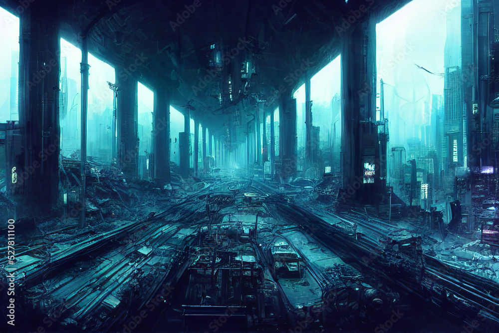 ruined train station in dystopian cyberpunk post apocalyptic city ...