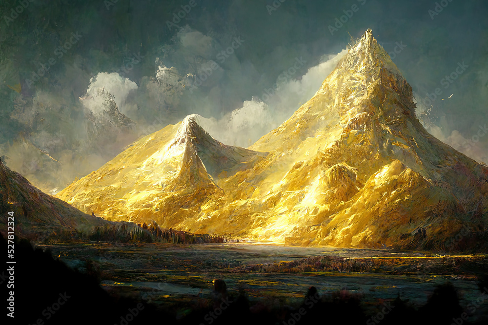 Mountains made of gold. Concept Art. Realistic Illustration. Video Game Digital CG Artwork