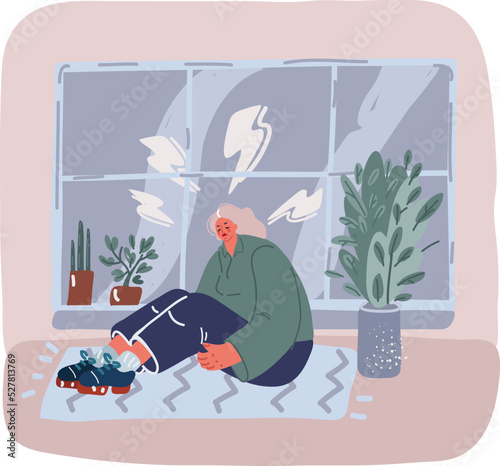 Vector illustration of Unhappy woman sitting on floor at home, thinking about problems, upset girl feeling lonely and sad, psychological and mental troubles or break up