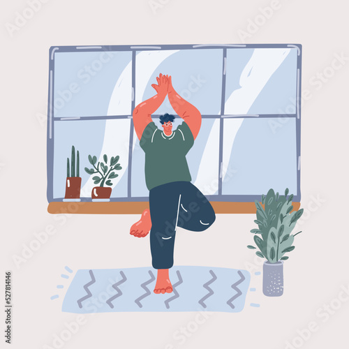 Vector illustration of Quarantine sport. Young man practicing fitness with online training on laptop, free space