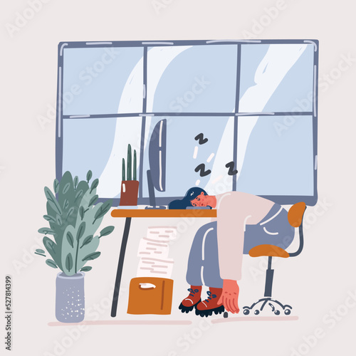 Vector illustration of Tired businesswoman sleeping on the desk, in front of the computer screen.