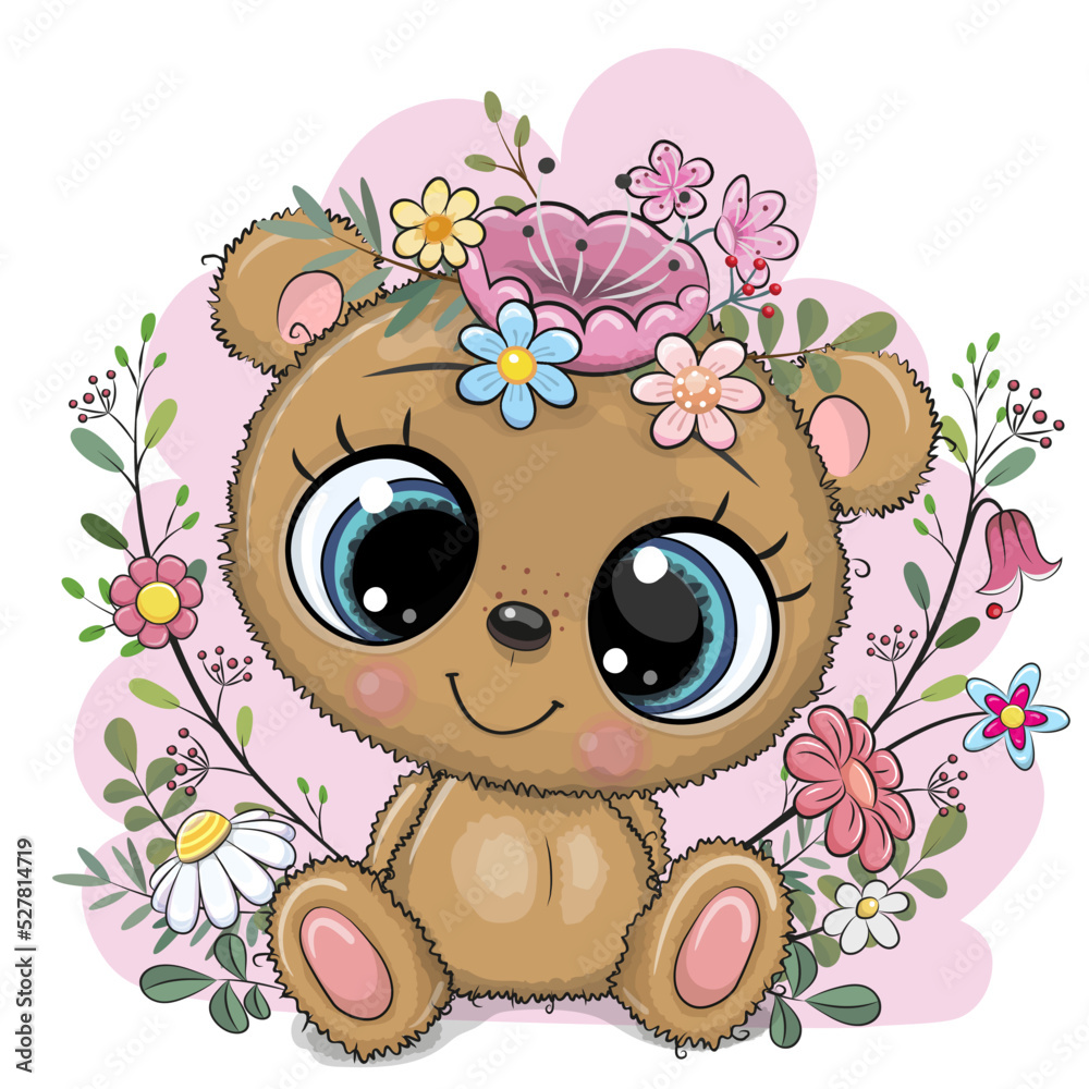 Cartoon Teddy Bear with flowers and branches Stock Vector | Adobe Stock