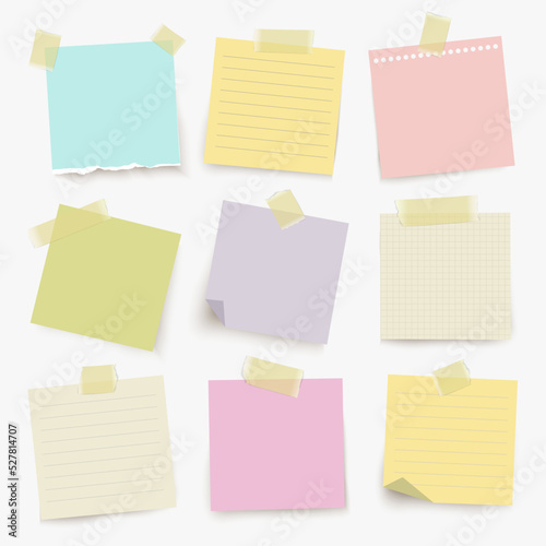 Set of color vector note papers with yellow adhesive tape.