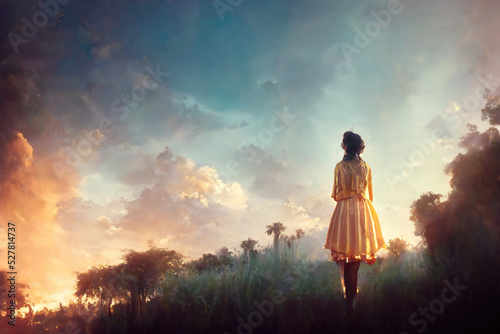 Rear view of young lonely woman standing in field photo