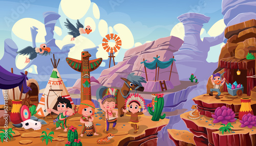 desert ecosystem illustration, indian american tribal activities with various animals