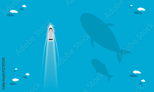 White speed boat travel floating water transport route path way in ocean blue sea with clouds and shadow fish whale underwater in summer season top view flat vector design.